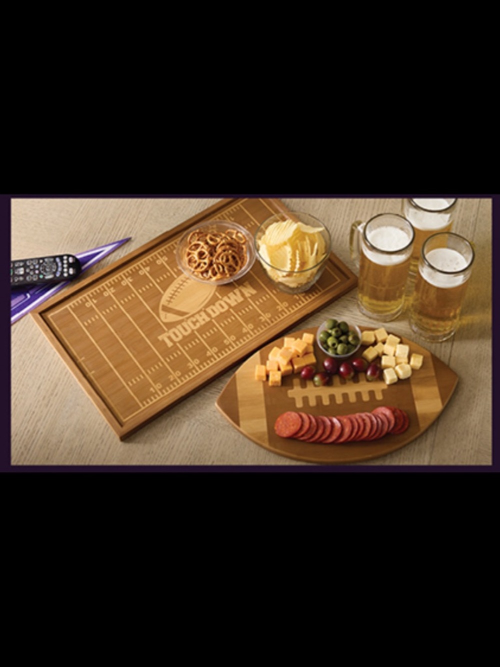 Football-Shaped Charcuterie Serving Board and Field Platter Set - Natural Brown